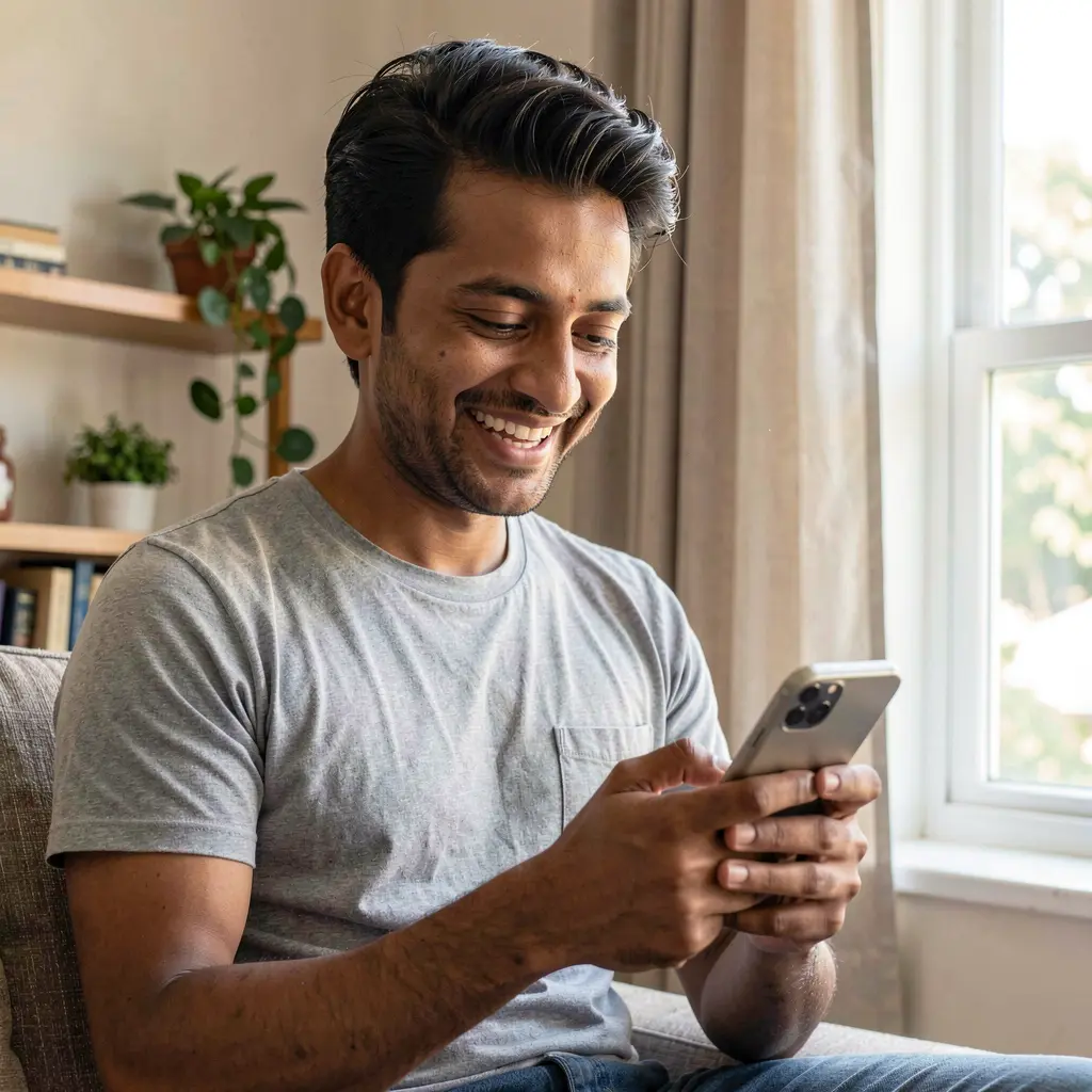 Happy Bangladeshi man smiling while using the 488BD casino app on his smartphone in a bright and relaxed home environment