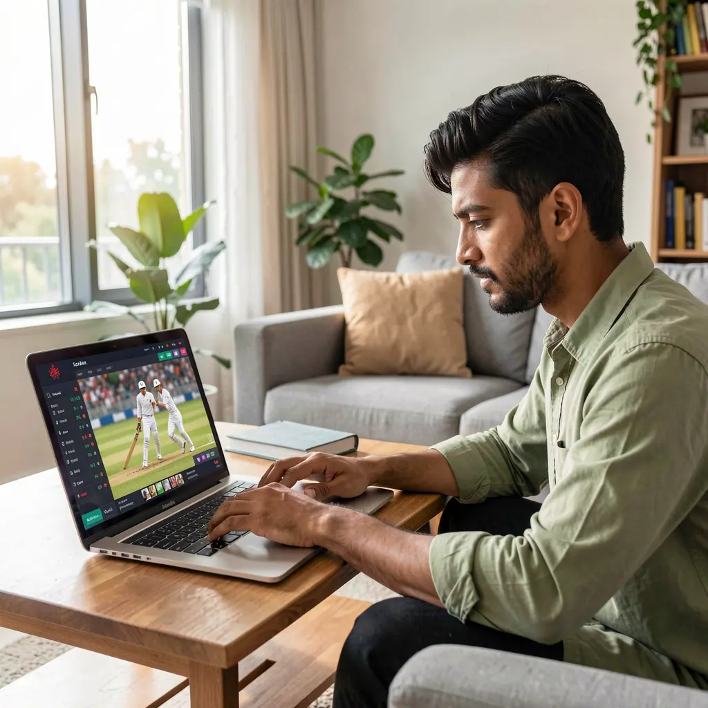 Focused Bangladeshi sports bettor analyzing live cricket odds on a laptop using the 488BD betting platform in a bright modern living room