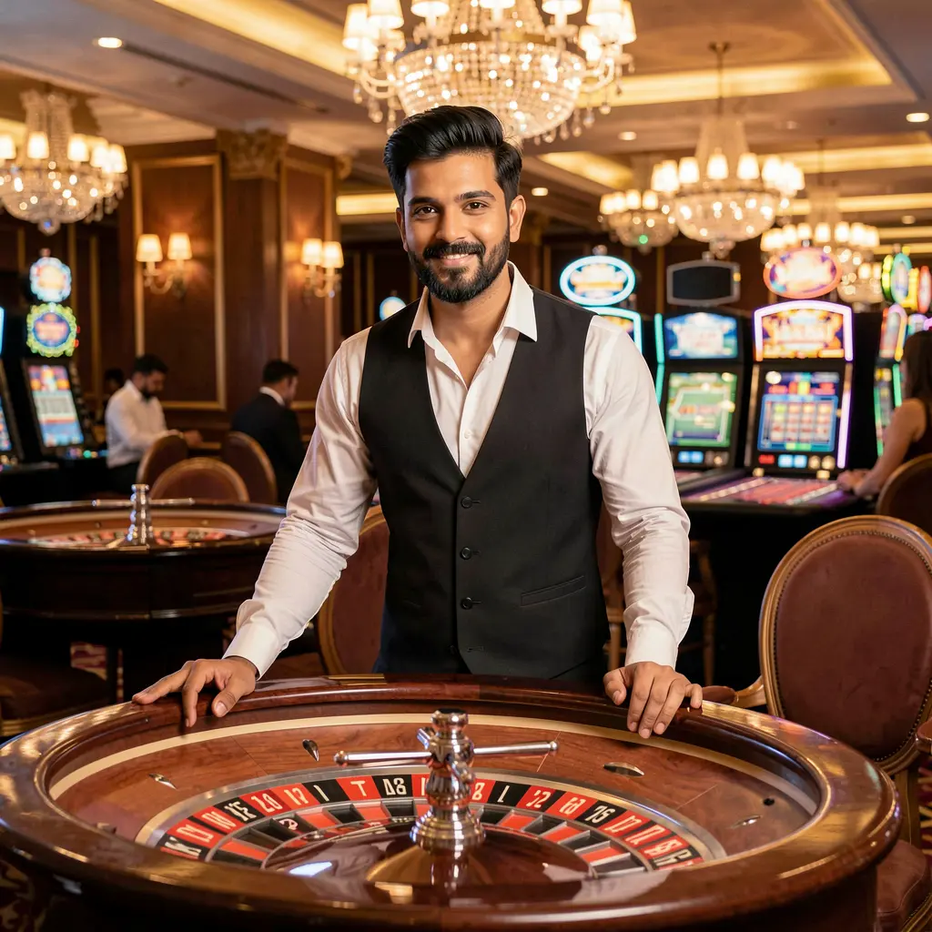 Confident casino dealer standing at a modern roulette table with vibrant lights representing the premium live casino experience available at 488BD for players in Bangladesh
