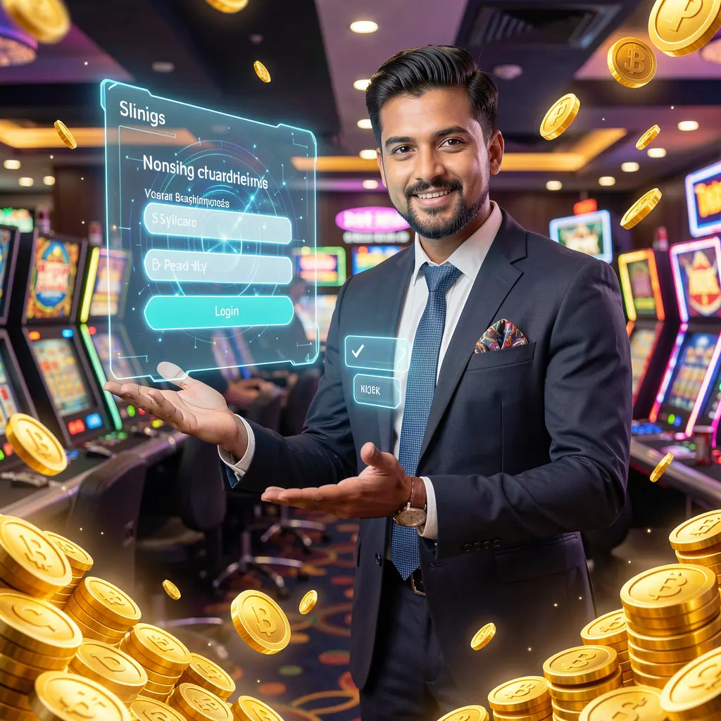 Stylish Bangladeshi casino dealer welcoming players to the 488BD login platform surrounded by golden coins and vibrant casino lights