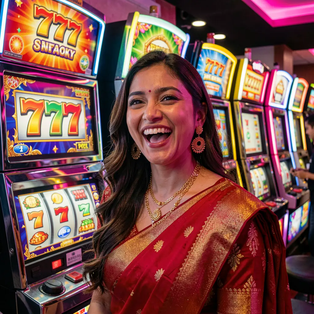 Excited woman celebrating a big win in front of glowing 777 slot symbols at a vibrant casino atmosphere representing high payout excitement at 488BD for players in Bangladesh